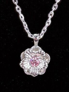 Sophia Fiori Pink Flower Pendant Necklace Silver Tone Designer Floral Charm